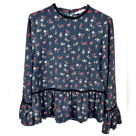 Zara moody floral blouse, S, ruffled sleeves & hem, velvet, Edgy Romantic - Picture 1 of 8